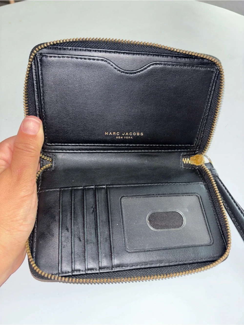 Marc Jacobs Black Saffiano Wristlet Clutch with Gold Logo
